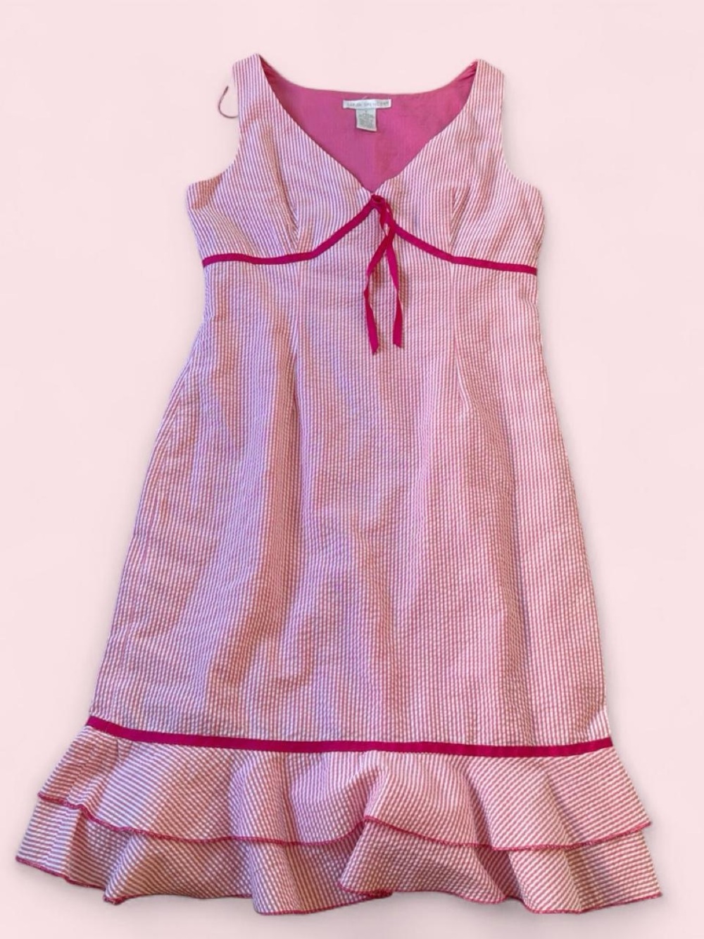 Vintage Sarah Spencer Pink Seersucker Tie-Front Dress with Fuchsia Trim